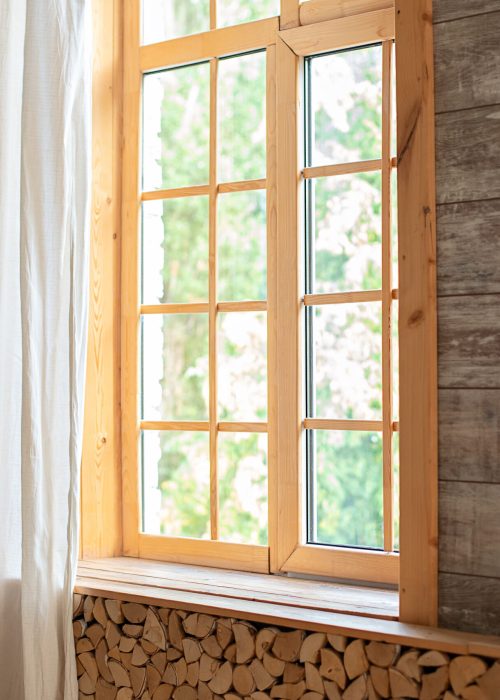 Big wooden window with frame and window sill and nature on backg