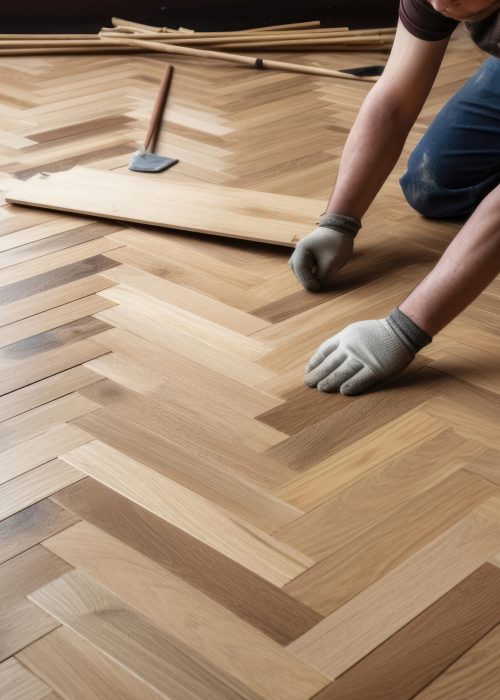 A craftsman laying parquet flooring created with generative AI technology